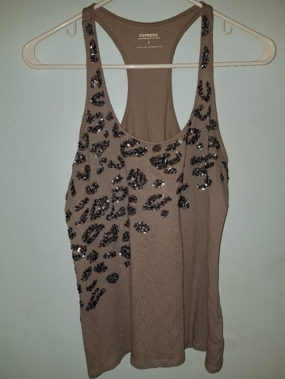Express Taupe Sequin Leopard Racerback Tank Top Sparkle Racer Back